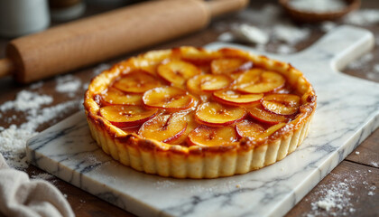 Caramelized tarte Tatin on marble, rustic kitchen backdrop with flour and rolling pin.
