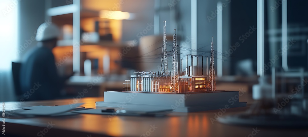Poster model of an electricity grid on a table, office engineers working in a soft-focus background.