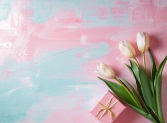Flat lay of tulips and gift box on a pink background with copy space for text, top view. Flat lay of tulip flowers and gifts isolated on a pastel-colored wall background, a Mother's Day concept. Flat 