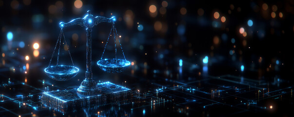 Digital technology and law concept with scales of justice hologram. representing the balance between business and technology in cyber law