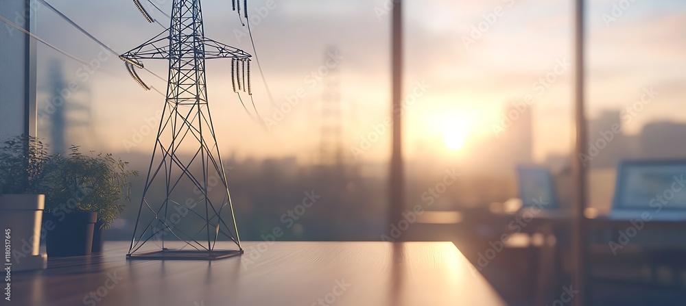 Poster tabletop grid station with blurred background showing an office and working engineers.