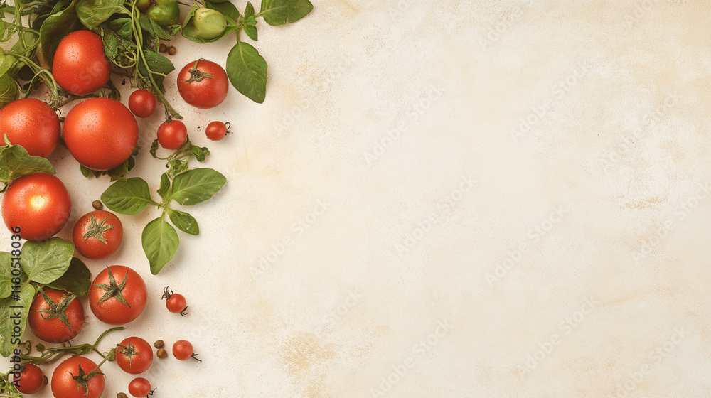 Poster fresh tomatoes and basil: a vibrant arrangement of red tomatoes and lush basil leaves on a rustic ba