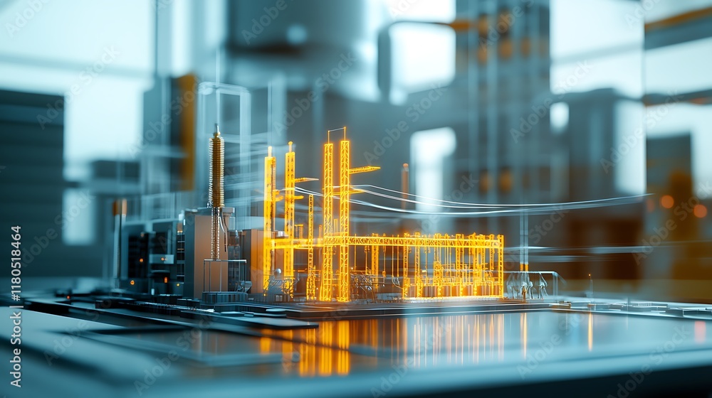 Poster electricity grid station model displayed on a table with office engineers and blurred background in 