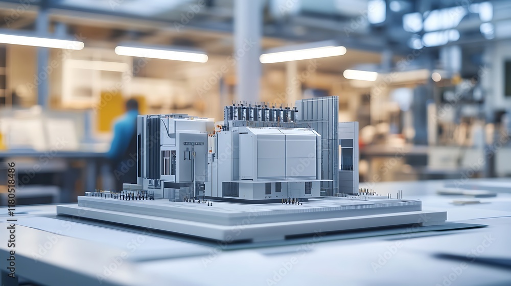Poster electricity grid station model displayed on a table with office engineers and blurred background in 