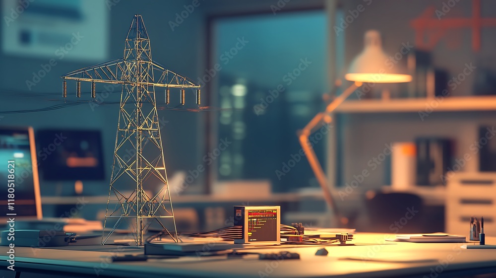 Poster a miniature electricity grid station on a table with blurred background, engineers working in the of