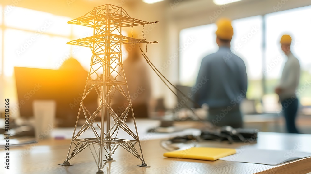 Poster a miniature electricity grid station on a table with blurred background, engineers working in the of