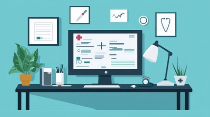 Modern doctor's desk with computer, medical chart, and plants.