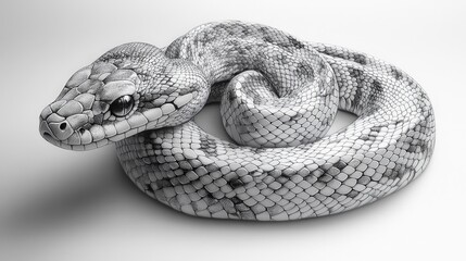 Obraz premium Coiled snake, grayscale, detailed scales.