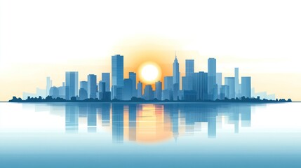 Fototapeta premium Sunrise cityscape reflected in calm water.