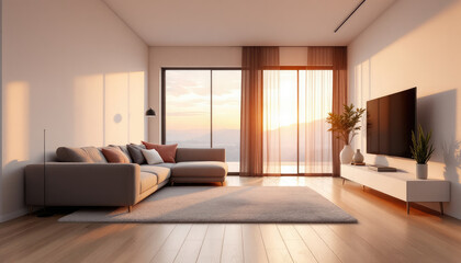 Fototapeta premium Modern japandi living room with a large window, a gray sofa, a flat-screen tv, and a sliding glass door.