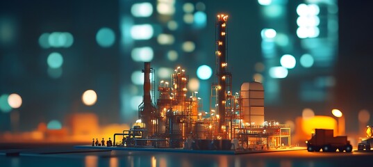 Model of an oil refinery placed on a table, engineers blurred in the background.