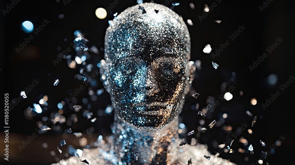 Poster glittering head disintegrating into sparkling fragments