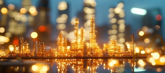 Oil refinery structure model resting on a table, engineers blurred behind.