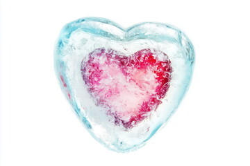 Fototapeta premium Red frozen heart covered with blue ice isolated on white background. 