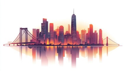 Obraz premium Sunset cityscape with bridge reflection.