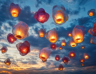 In the sky, glowing lanterns float gently in an array of colors against the twilight hues. A mesmerizing display with warm lights illuminating the night as they rise into the heavens.