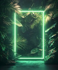 Neon green rectangular frame on a dark background of palm leaves.