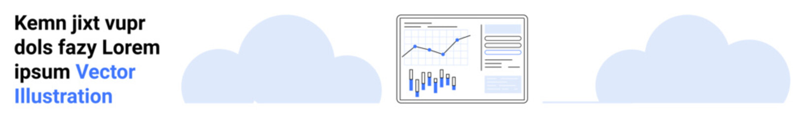 Computer screen displaying a line graph and bar charts. Ideal for data visualization, analytics, business reports, cloud computing, online dashboard, statistical analysis, digital marketing. Landing