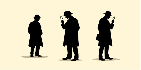 Graphic set silhouette of detective concept. 2D icon of detective on black. Vector illustration.