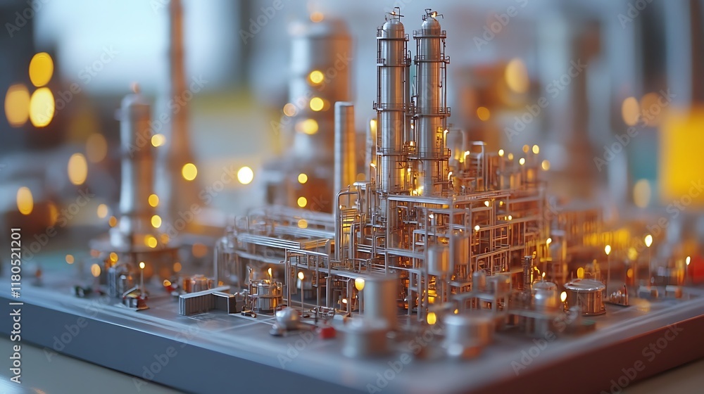 Poster detailed oil refinery model on a table with a blurred background showing engineers in focus.