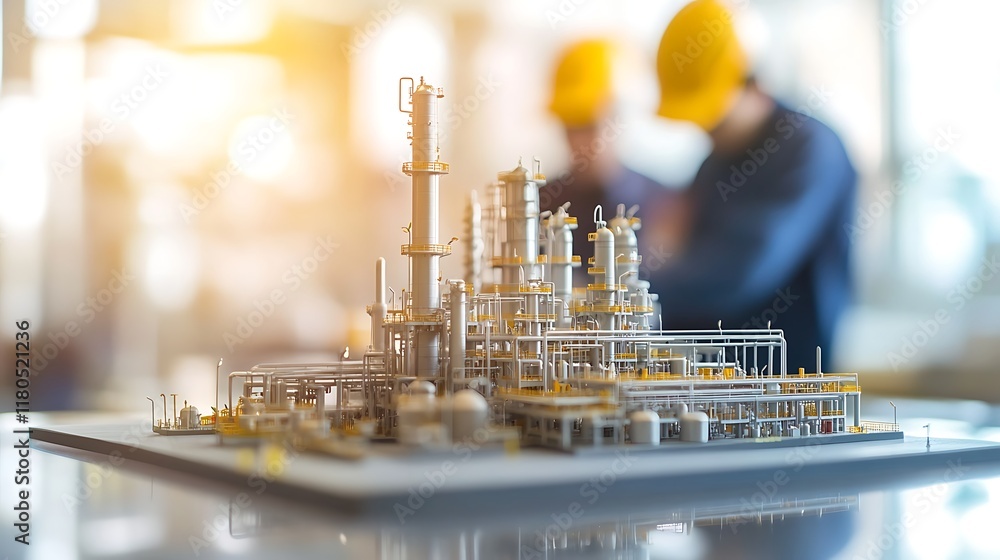 Poster detailed oil refinery model on a table with a blurred background showing engineers in focus.