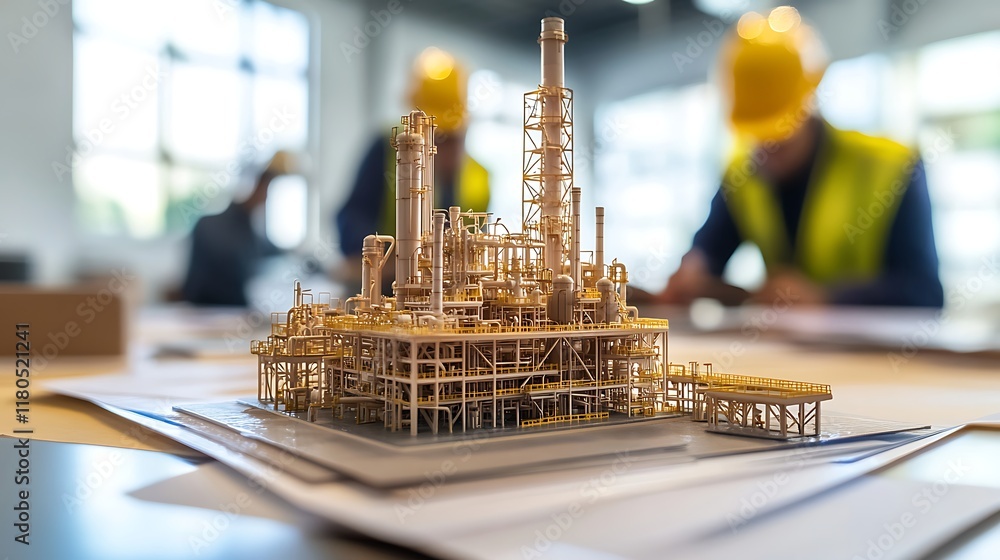 Poster detailed oil refinery model on a table with a blurred background showing engineers in focus.