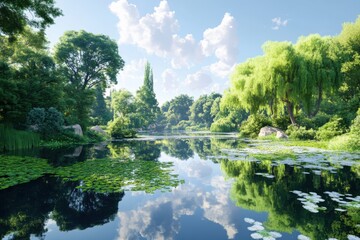 Fototapeta premium Scenic river contrasts between polluted and clean sections in soft natural light