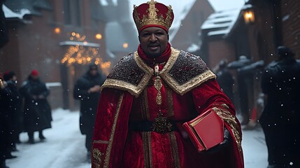 Obraz premium A regal Black king in a red velvet robe and crown walks through a snowy village.