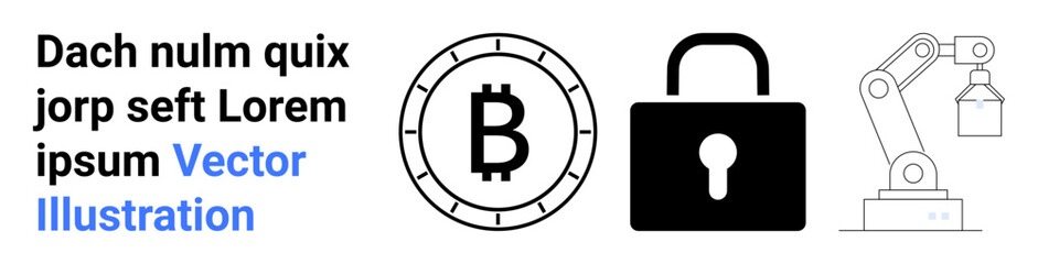 Bitcoin symbol in a circle, a solid black padlock, and a schematic robotic arm. Ideal for cryptocurrency, cybersecurity, automation, robotics, digital security, technology, and blockchain. Landing