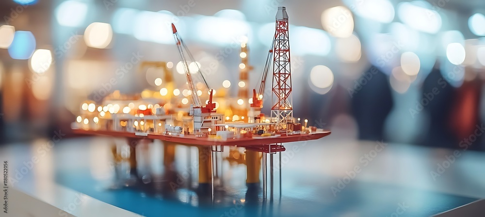 Poster oil drilling station model on display atop a table, engineers in the background appearing slightly b