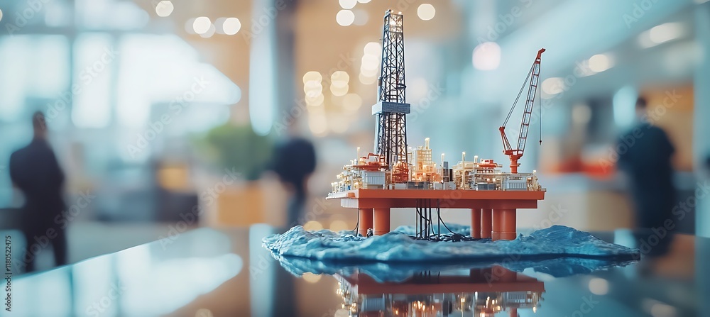 Poster ocean oil platform model carefully placed on a table, blurred engineers working in the background fo