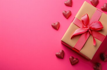 Photo of a gift box with ribbon and small hearts on a pink background, top view. Flat lay composition for a Valentine's Day celebration. Space for text in the center. Copy space. High quality.