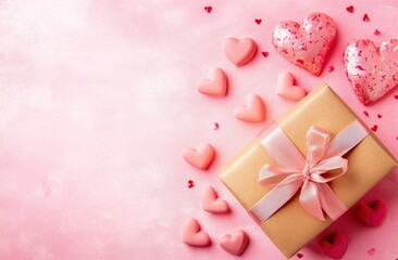 Photo of a gift box with ribbon and small hearts on a pink background, top view. Flat lay composition for a Valentine's Day celebration. Space for text in the center. Copy space. High quality.