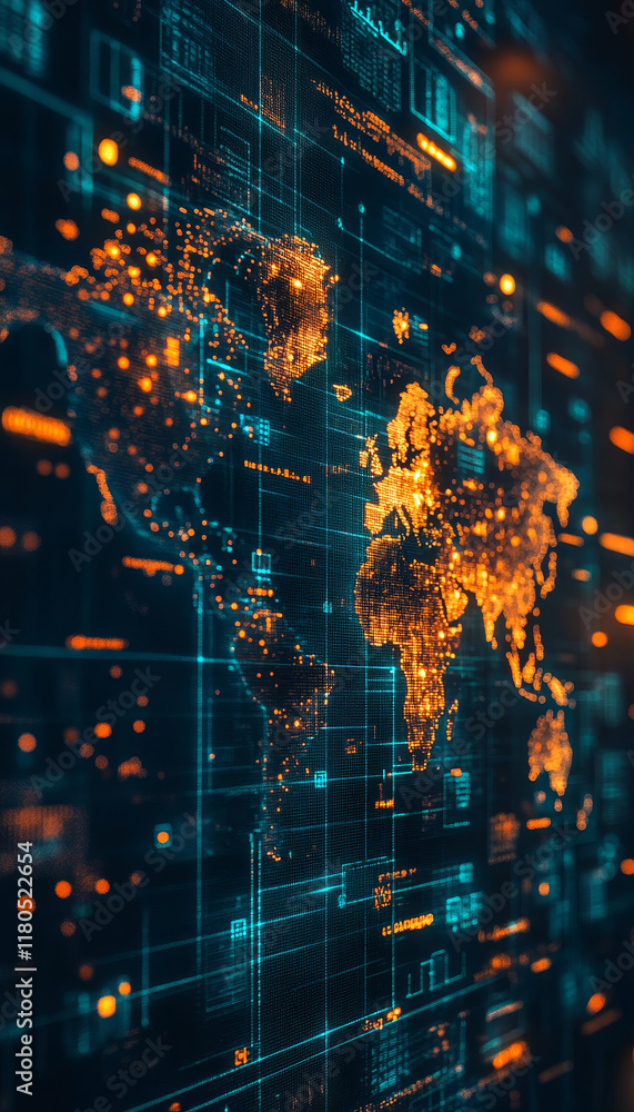 Poster digital world map with glowing tech visuals and data patterns