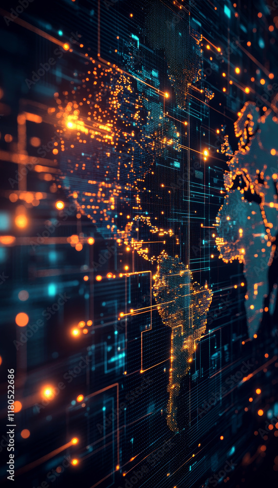 Poster digital world map with glowing tech visuals and data connections