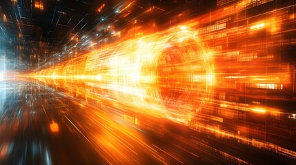 Abstract digital data stream flowing through a futuristic tunnel.