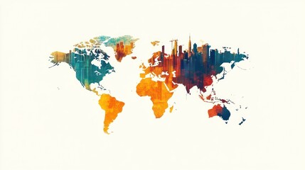 Fototapeta premium Watercolor world map with city skylines.
