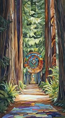Obraz premium Redwood Forest Path Leads To Colorful Mandala