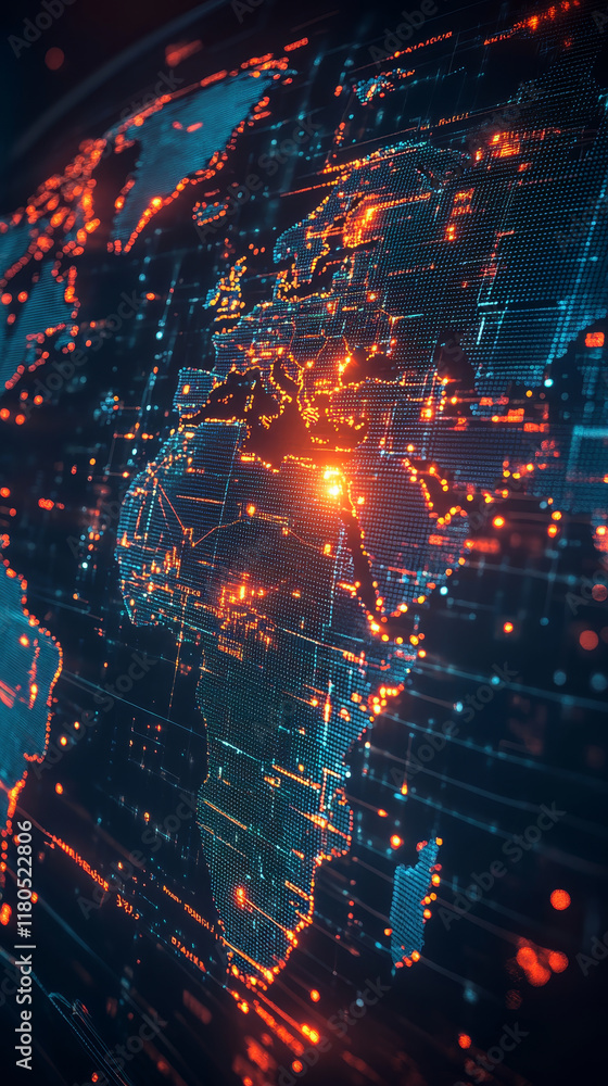 Poster futuristic map with digital grids showcasing global connections and data