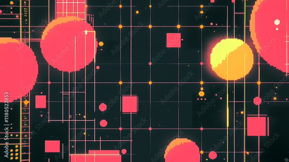 Poster abstract pixel art geometric design with circles and squares