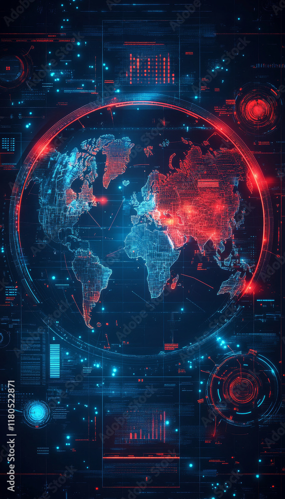 Poster futuristic world map with interactive elements in vibrant colors