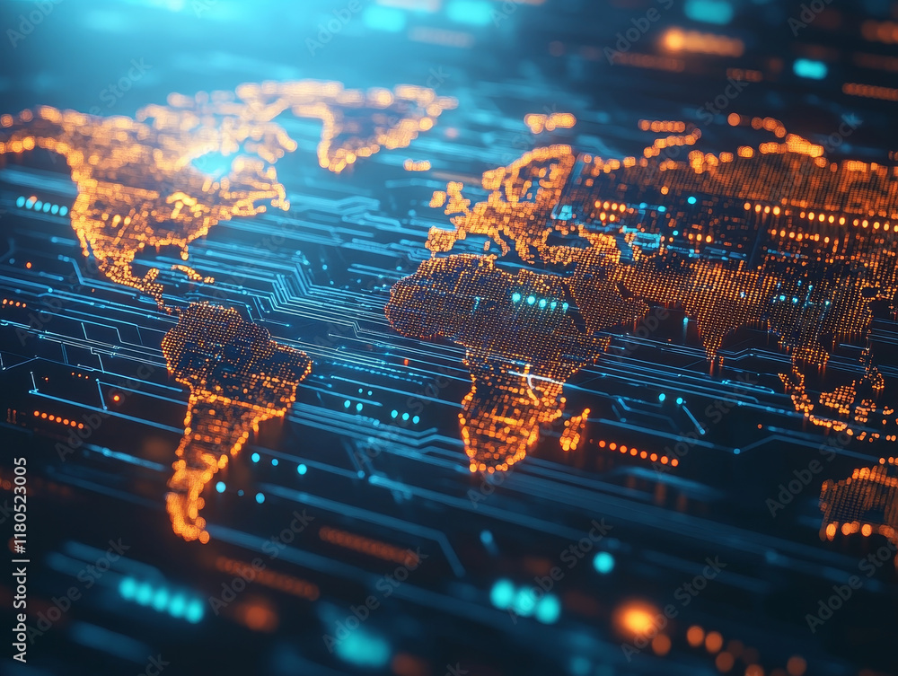 Poster futuristic world map with circuit patterns and glowing elements