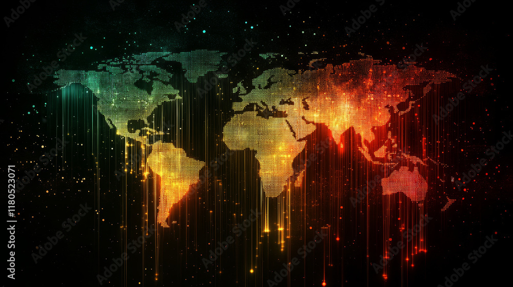 Poster high tech world map with glowing data streams and vibrant colors