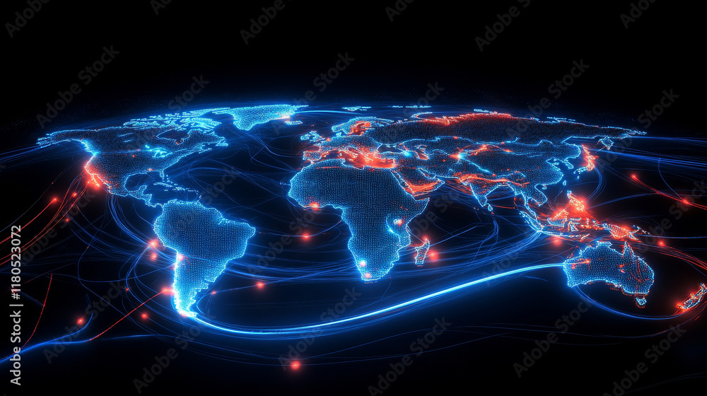 Poster high tech world map with glowing data streams and connections
