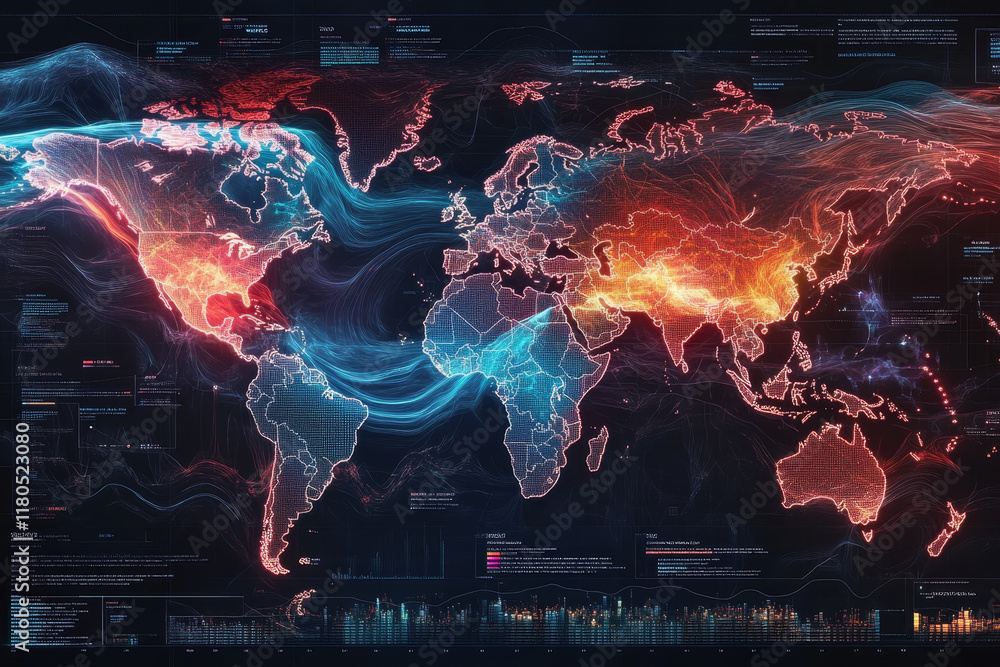 Poster high tech world map with vibrant data streams illustrating global trends