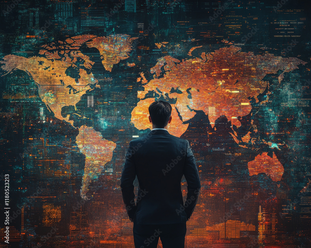 Aufkleber businessman analyzing world map with wealth insights and data