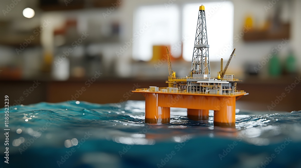 Poster ocean oil drilling station replica placed on a table with engineers visible in the blurred backgroun