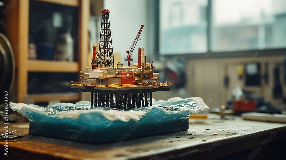Poster ocean oil drilling station replica placed on a table with engineers visible in the blurred backgroun