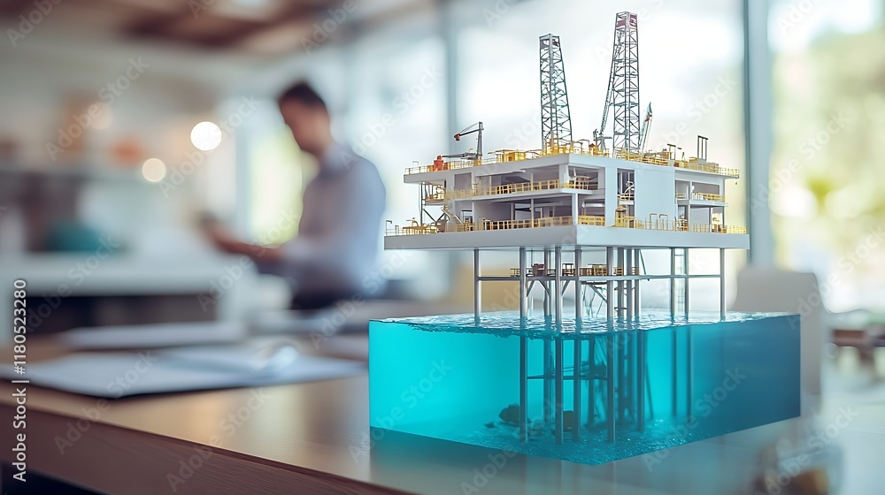 Poster ocean oil drilling station replica placed on a table with engineers visible in the blurred backgroun