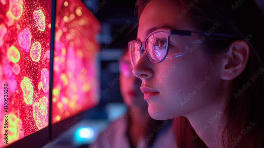 Poster scientists observing advanced imaging technology in biolab setting